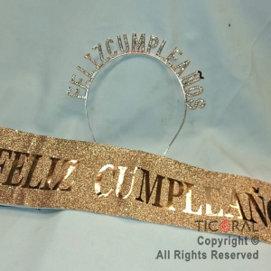 SET VINCHA Y BANDA FELIZ CUMPLEA�OS CON STRASS ROSA GOLD X 1